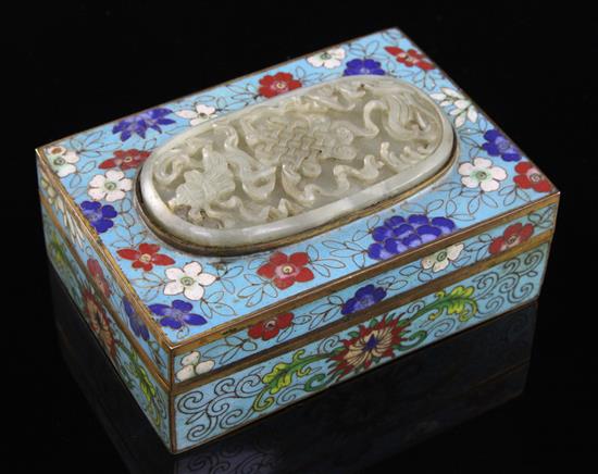 A Chinese cloisonne enamel box and cover, inset with a celadon jade plaque, 18th/19th century, 11.8cm